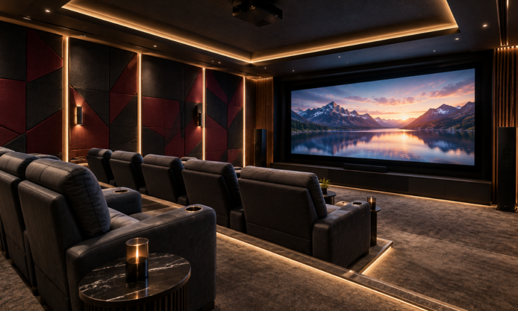 Acoustic wall panels in a luxury home theatre.