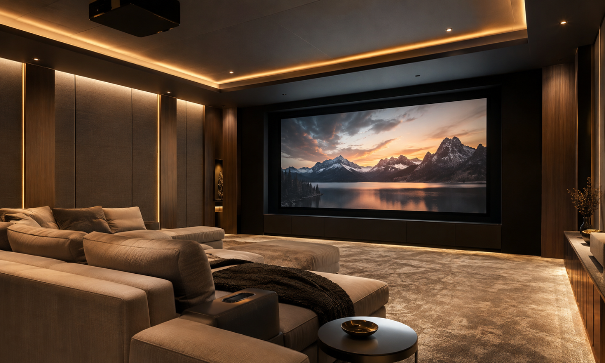 Luxury home entertainment system with concealed speakers, automated lighting and a modern media setup
