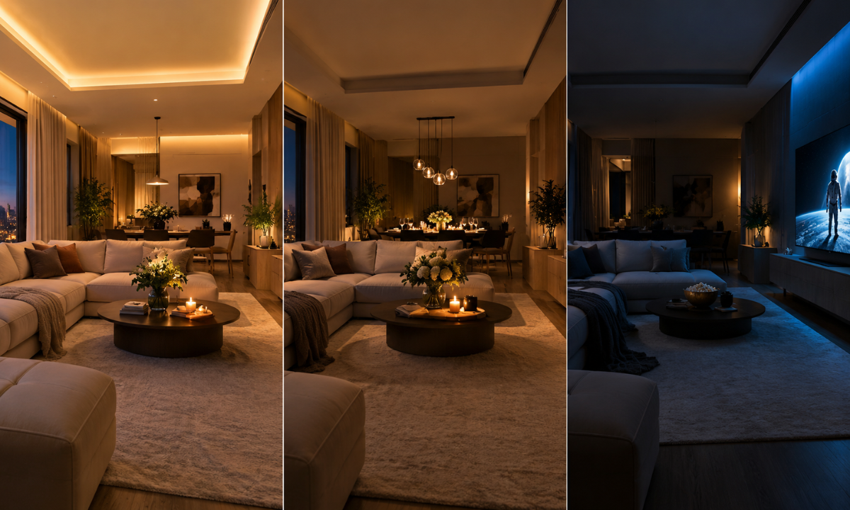 Automated lighting scenes in a luxury living room