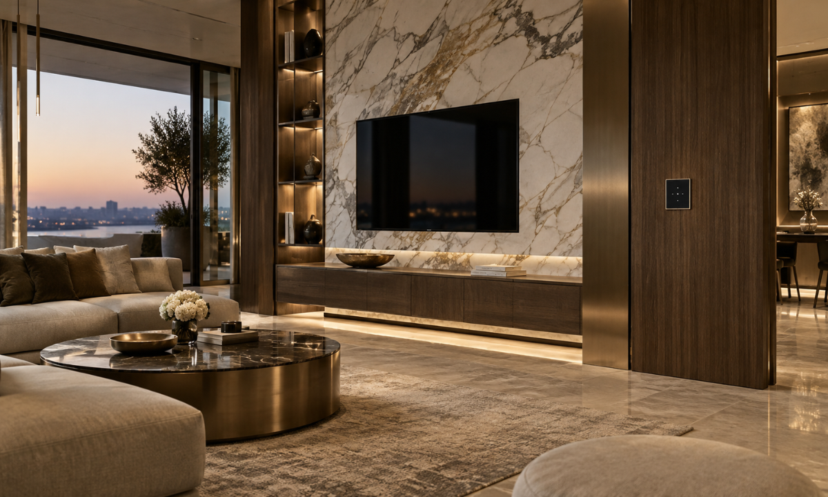 Discreet smart controls integrated with premium marble, wood veneer and elegant interior finishes