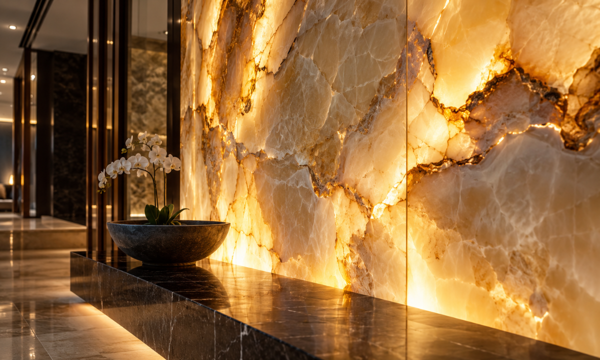 Backlit textured wall creating a warm and luxurious interior