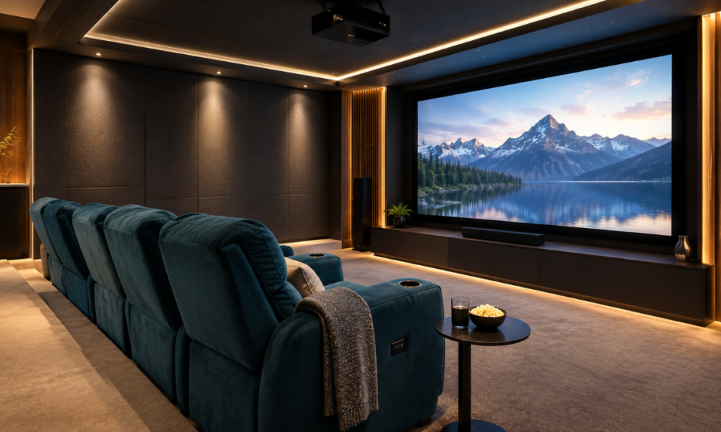 Comfortable theatre seating in a luxury home cinema.