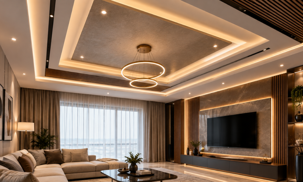 Luxury ceiling design for a home theatre.
