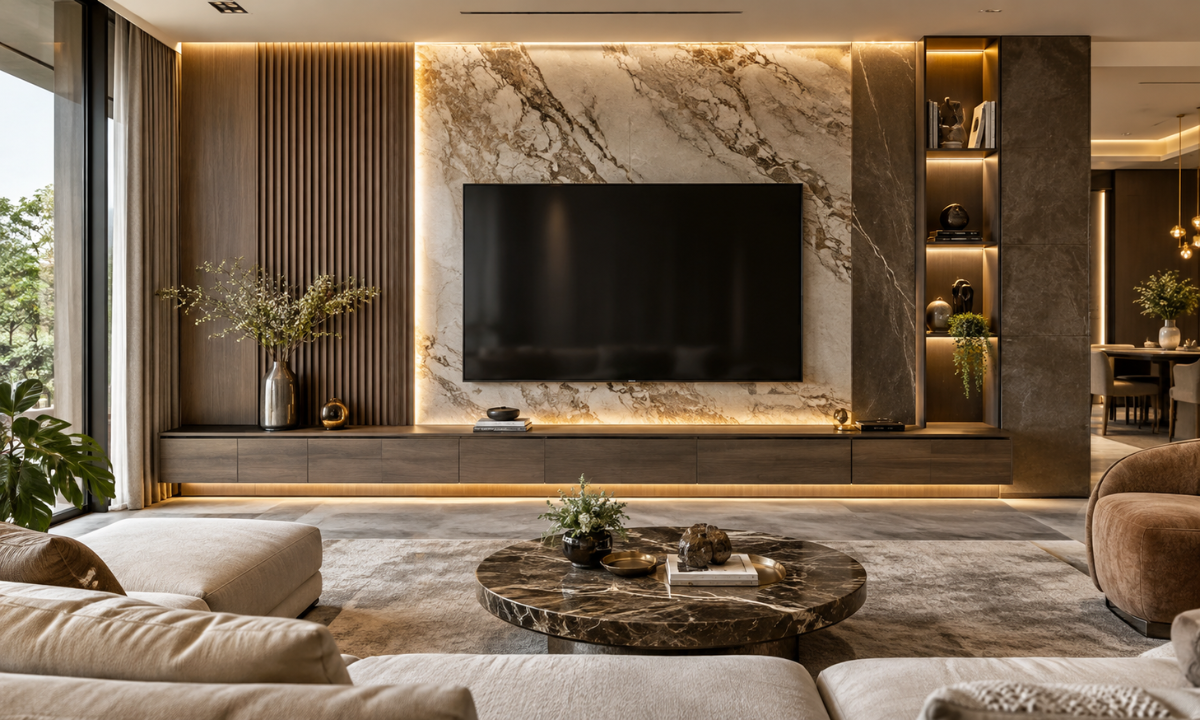 Luxury textured TV wall design in a contemporary living room