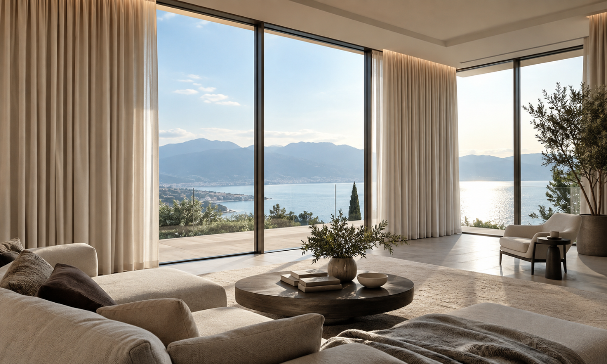 Motorised curtains and blinds integrated into an elegant luxury living room