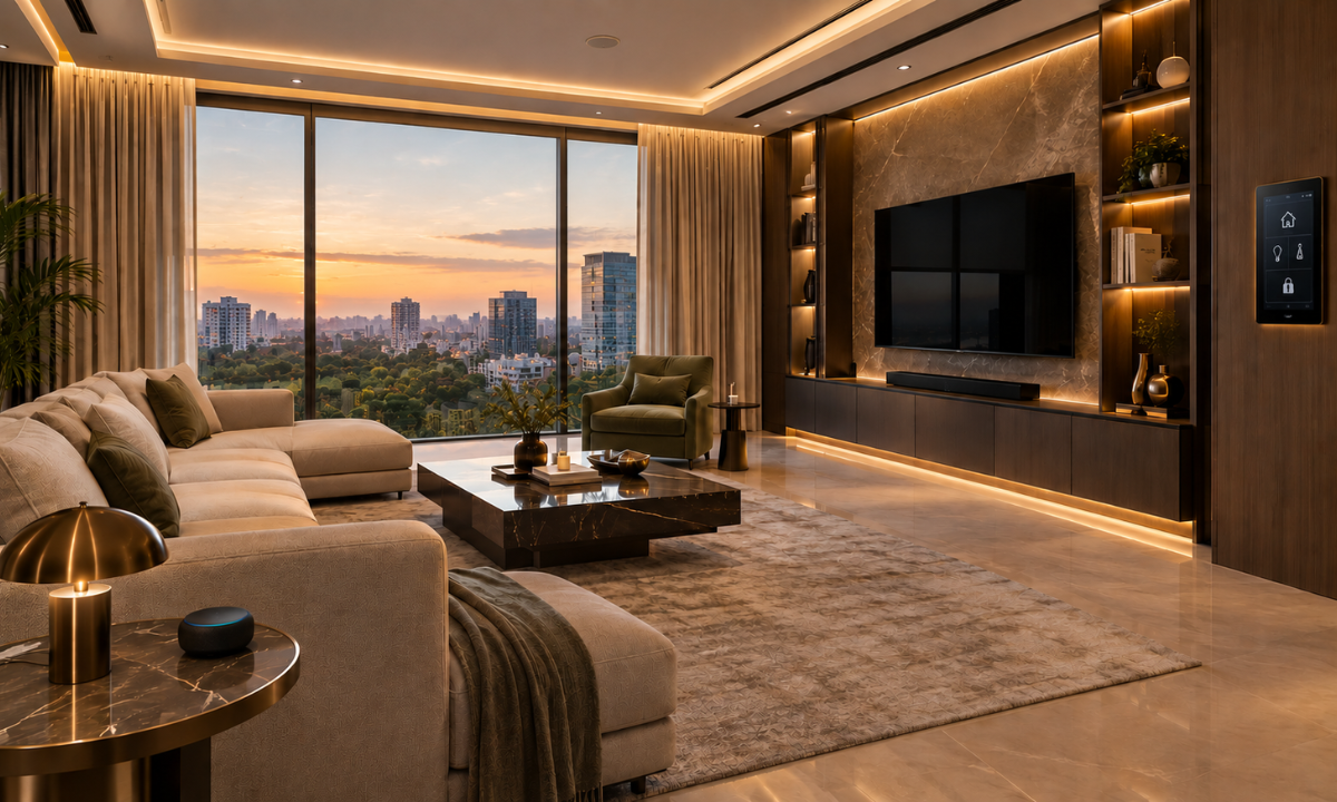 Smart home automation integrated into a luxurious modern interior with ambient lighting and motorised curtainsSmart home automation integrated into a luxurious modern interior with ambient lighting and motorised curtains