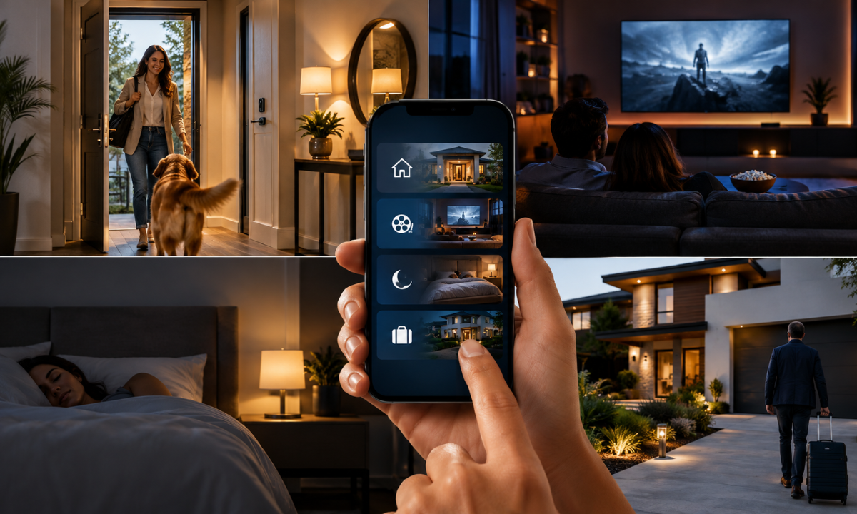 Smart home scene controls managing lighting, curtains, climate and entertainment in a luxury interior