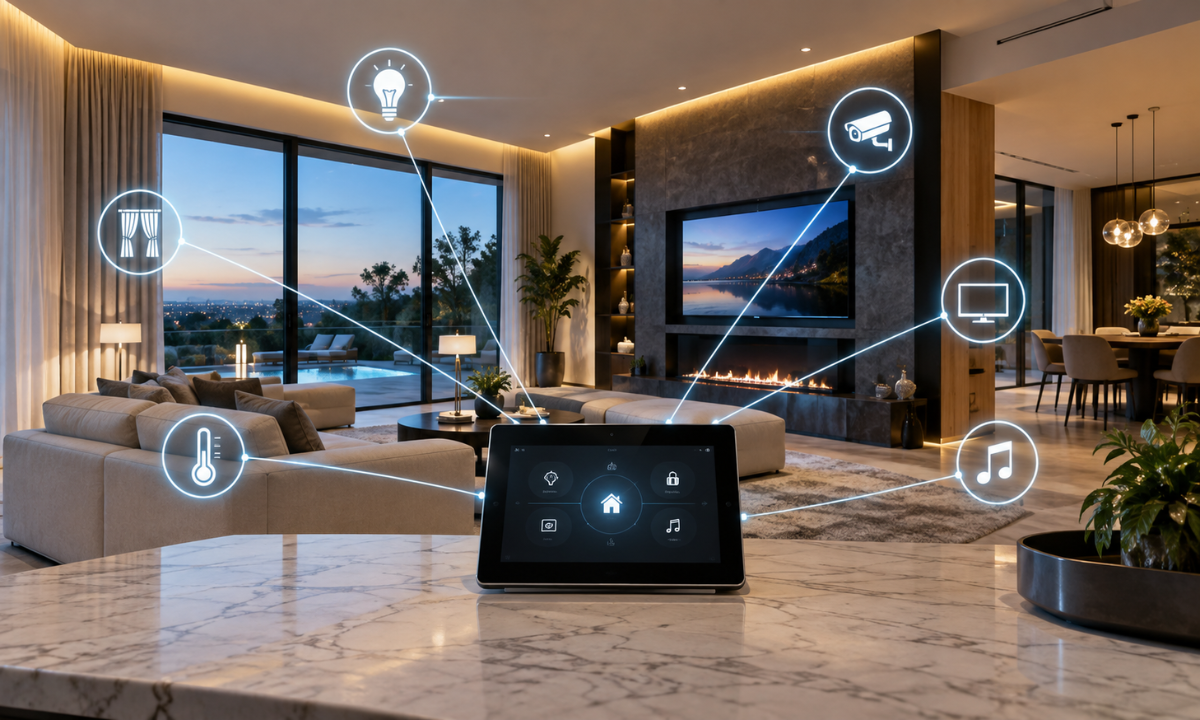 Smart home automation system connecting lighting, climate, security and entertainment controls
